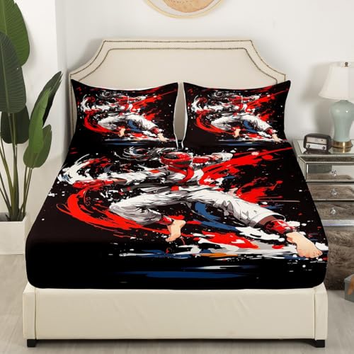 Taekwondo Fitted Sheet Full Size Watercolor Bedding Set Kungfu Sheet Set,Japanese Sports Bed Cover Ultra Soft Breathable Bedding 3 Pcs for Kids Teens Boys