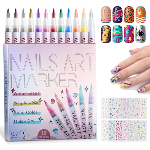 miikoul Nail Art Pens Markers Set, 12 Colors 3D Nail Polish Pens for Nail Art with 0.7mm Fine Tip, Includes 10 Sheets Nail Stickers, DIY Painting Drawing Liner Design Tools for Nail Art Drawing Salon