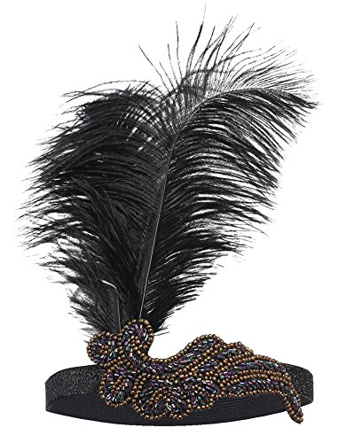 BABEYOND 1920s Flapper Headpiece Roaring 20s Great Gatsby Headband Peacock Feather Headband 1920s Flapper Gatsby Hair Accessories Black
