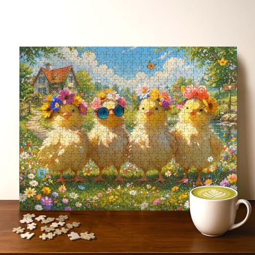Charming Chicks in Glasses Animal Jigsaw Puzzle - 500 Pieces Wooden Puzzle for Adults, Wall Art Gift, Finished Size: 20 x 15 Inch