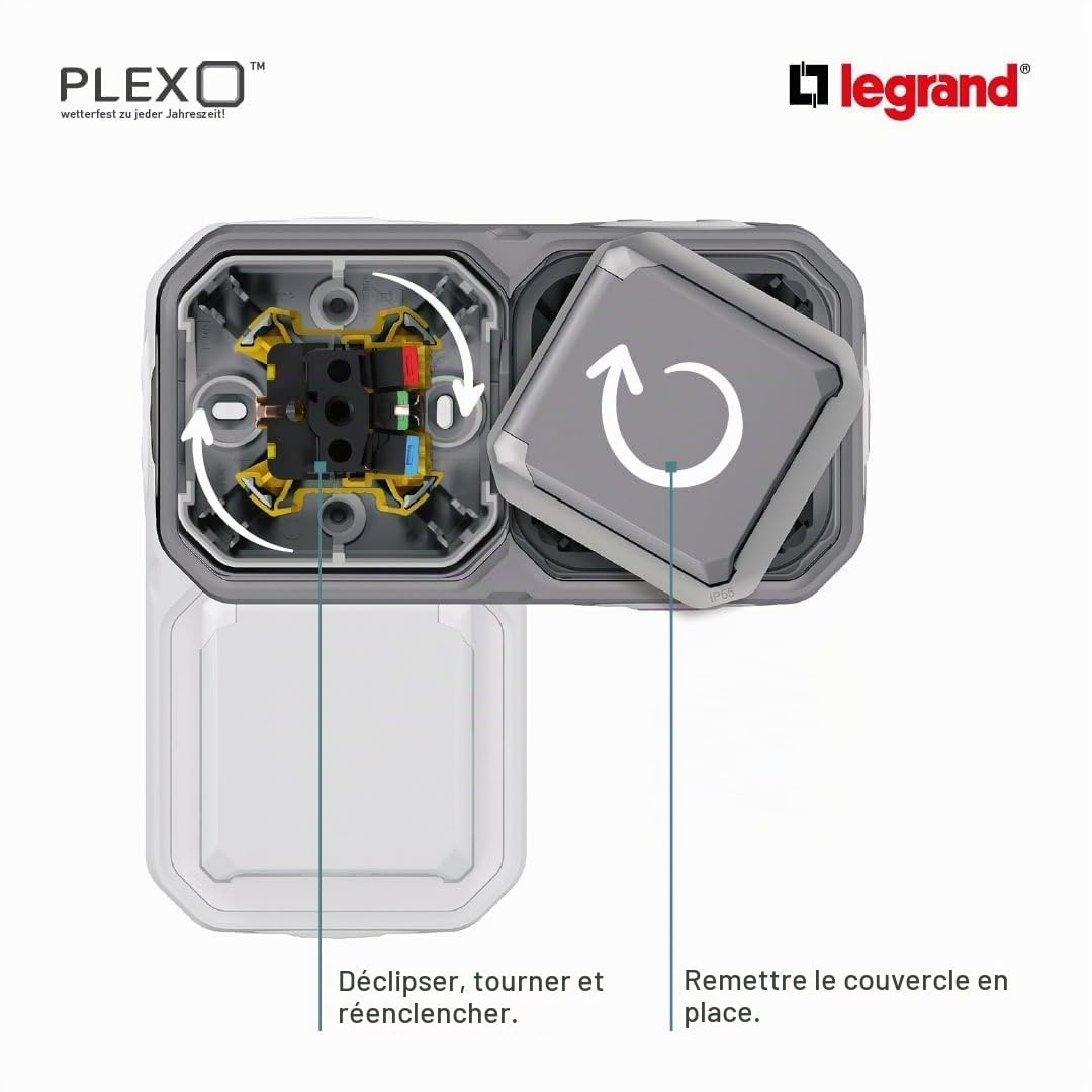 LEGRAND, Plexo New 069744L Double prise Schuko standard pour pièces humides, avec couvercle à charnière, protection contre les contacts, bornes enfich