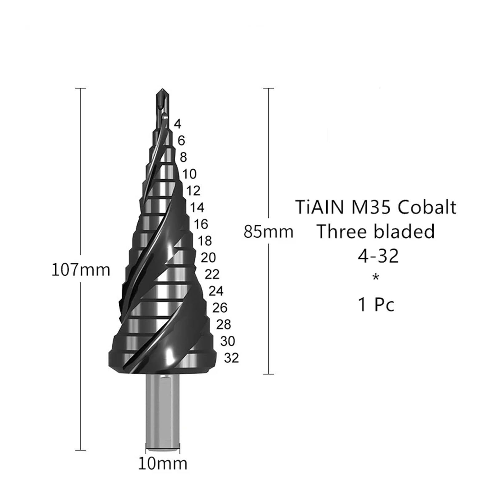 Broca Escalonada HSS Recubierta De Tiain M35 De 4-12/4-20/4-32mm, Juego De Herramientas De Brocas De Metal De Cono De Acero De Alta Velocidad, Cortador De Agujeros Inoxidables(TMC-3B-4-32-1Pc)