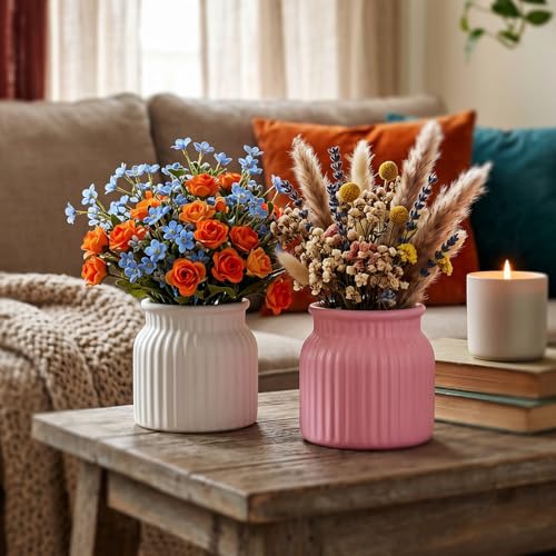 Image of TrustBasket Sereno Plastic Decorative Flower Vase Set White & Pink, Modern Table Top Home Decor Accent for Living Room Bedroom Office, Compact Durable Minimalist Vase for Flowers, Set of 2
