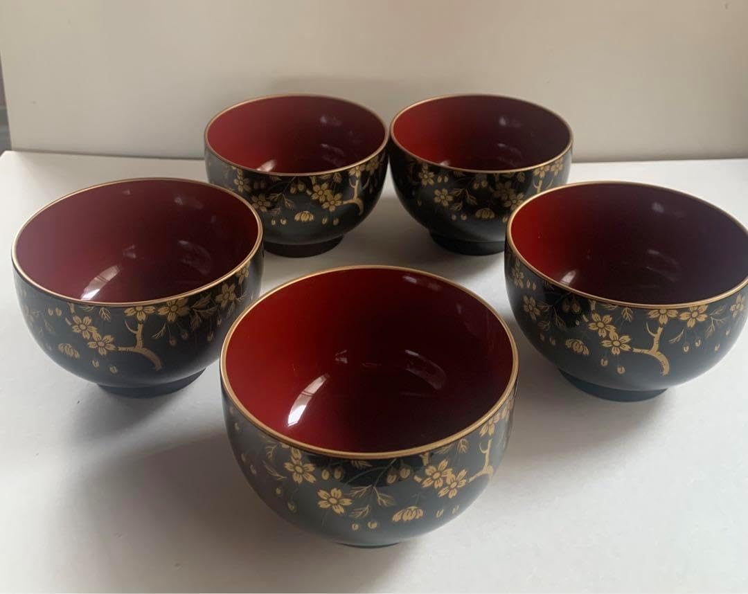 山中漆器 元禄シリーズ 北斎 金彩蒔絵 桜 重箱・銘々皿・汁椀 5個