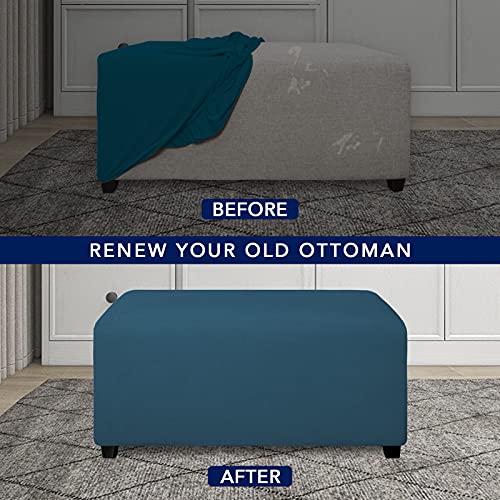 Image of PureFit Stretch Rectangle Ottoman Cover Footstool Cover, Peacock Blue | Fleece Soft Form Fit Ottoman Slipcovers Rectangle Slipcover for Folding Storage with Nonslip Elastic Bottom
