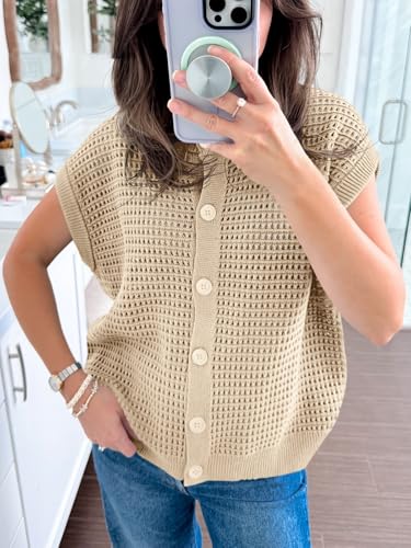 Image of Saodimallsu Womens Short Cap Sleeve Sweater Vest Crochet Button Down Cardigans Crew Neck Summer Knit Tops