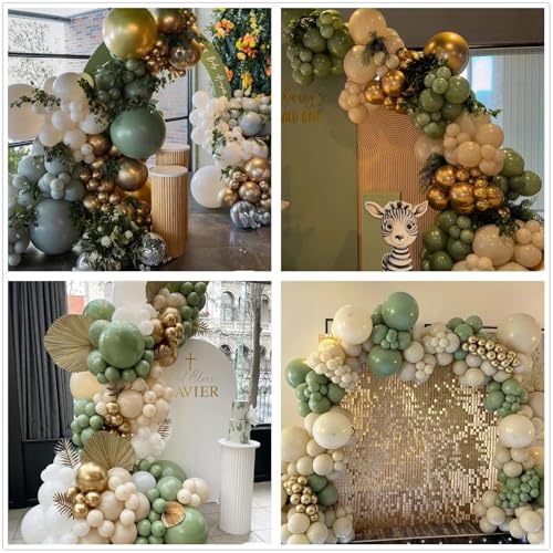 Image of 412Pcs Sage Green White Sand Gold Balloons Garland Arch Kit,18 12 10 5 Inch Different Sizes Balloons for Baby Shower Wedding Birthday Gender Reveal Party Decoration