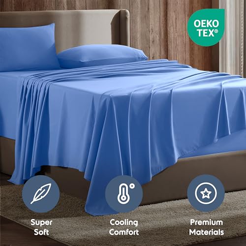 Image of Nestl Split King Bed Sheet Set - Calm Blue - 5-Piece Deep Pocket | Instantly Soft, Night-One Ready (No Wash Required). Fits 16-Inch Deep Pockets, 360-Degree Elastic Grip