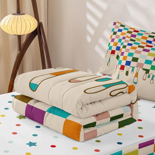 Image of Pastel Checkered Zipper Bedding Set Queen Zip Up Bedding Checkerboard Drip Comforter Set with Sheets,Grunge Aesthetic Modern Geometric Bed in a Bag Bed Sets with 2 Pillowcases Retro 2000S Room Decor