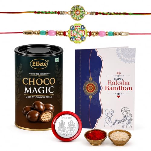 Vacalvers Rakhi with Chocolate for Brother – Round Shape & Floral Design Colorful Rakhi 2 Pc with Choco Magic Chocolate 96gms, Silver Color Pooja Coin, Greeting Card & Tilak Set – Traditional Raksha Bandhan Festive Celebration Pack