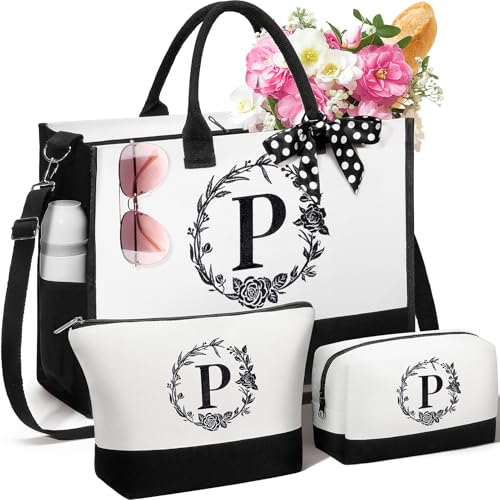 Image of Personalized Gifts for Women, Initial Canvas Tote Bag & Makeup Bag Monogrammed Beach Tote Bags for Women w / Zipper, Christmas Birthday Gifts for Mom Wife Girlfriend Sister Best Friend Daughter Teacher