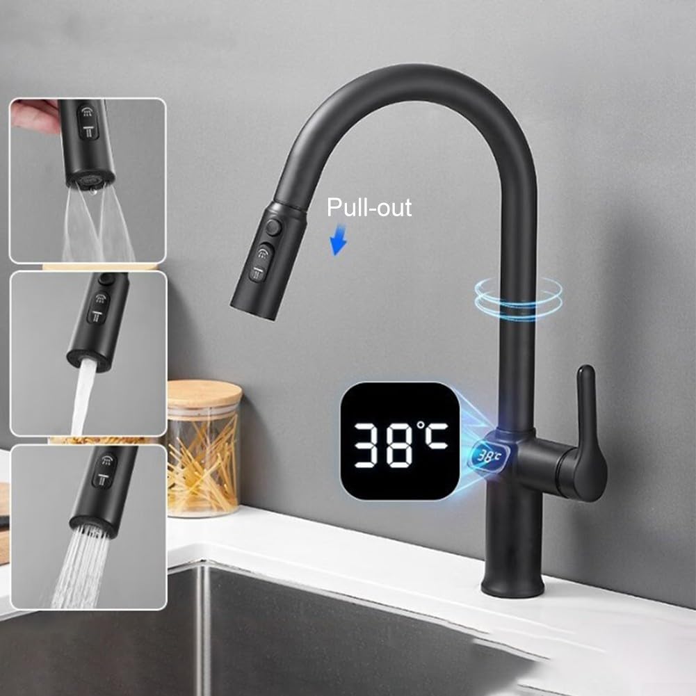Grifo de cocina con pantalla LED digital de temperatura, pulverizador extraíble giratorio de 360 grados, modos de pulverización triple, control dual de calor y frío, material de cobre, 41 cm para