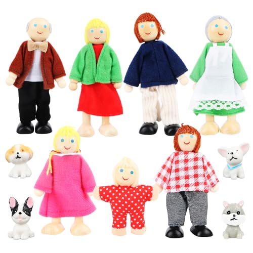 Jognee 11-teiliges Hölzernes Puppenhaus Set mit Familie, Katze und Hund -...