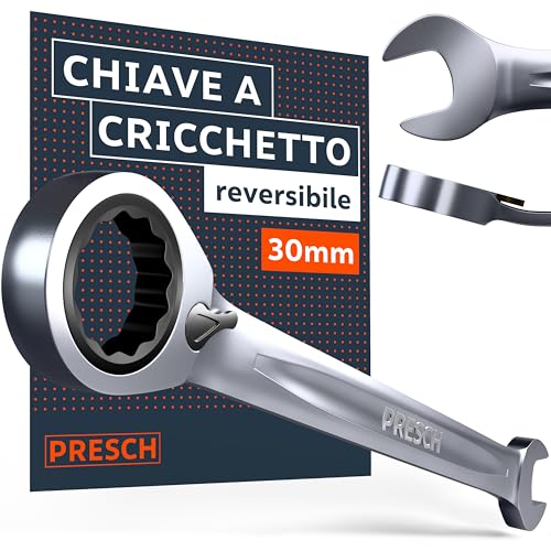 PRESCH Chiave a cricchetto 30mm reversibili – Angolo di ritorno minimo (3°, 123 denti) – Inclinazione di 15° per spazi ristretti – Chiave con cricchetto di precisione e robuste