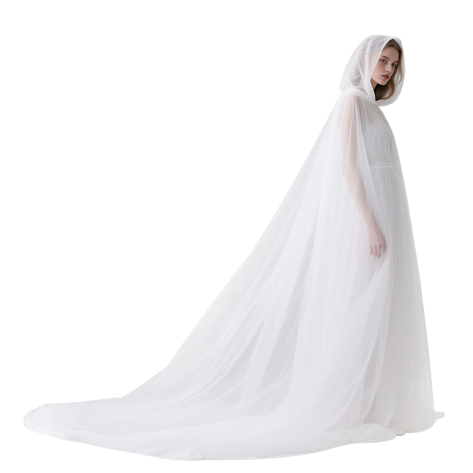 keland Tüll Umhang mit Kapuze Tüllumhang mit Schleppe für Halloween & Hochzeiten (Weiß)