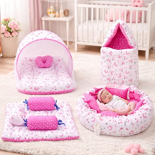 Image of Infantbond Designer Mattress with Net | Baby Sleeping Bag | 4 Pcs Bedding | 1 Nest (0-6 Months) (Moon Pink)