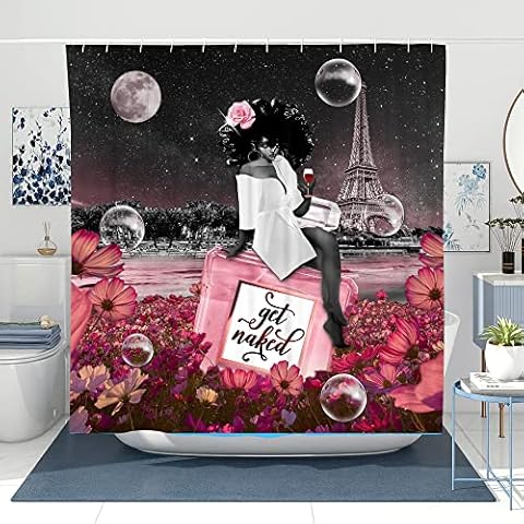 TYAKASHA Shower Curtain African American Woman Afro Lady with Sexy Wine Cherry Pink Flower Perfume 72x72 Inches Waterproof Fabric Polyester with 12 Hooks for Bathroom Decor Cover