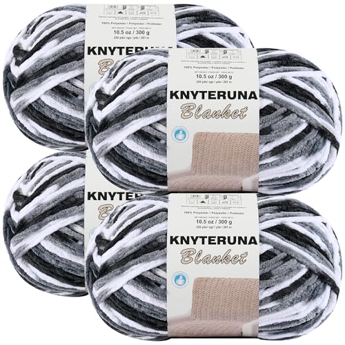 Image of #6 Super Bulky Blanket Yarn for Crocheting - 4 Skeins(Each 10.5oz /300g, 220yds /201m), Chunky Chenille Thick Plush Big Soft Yarn for Crocheting Knitting Blankets, Black & Grey & White