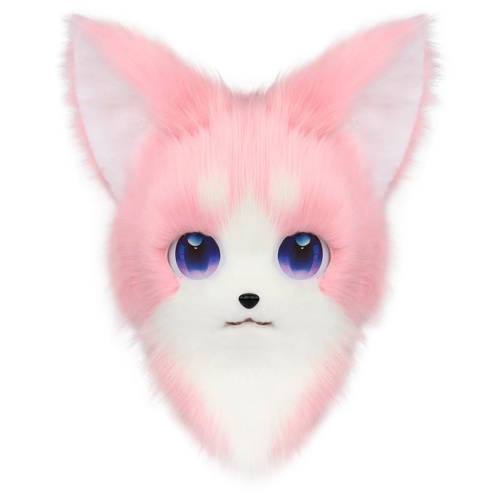 Uzztfa Pink Furry Fursuit Head Mask Plush Cat Animal Mask Costume Props For Masquerade Halloween Cosplay Party