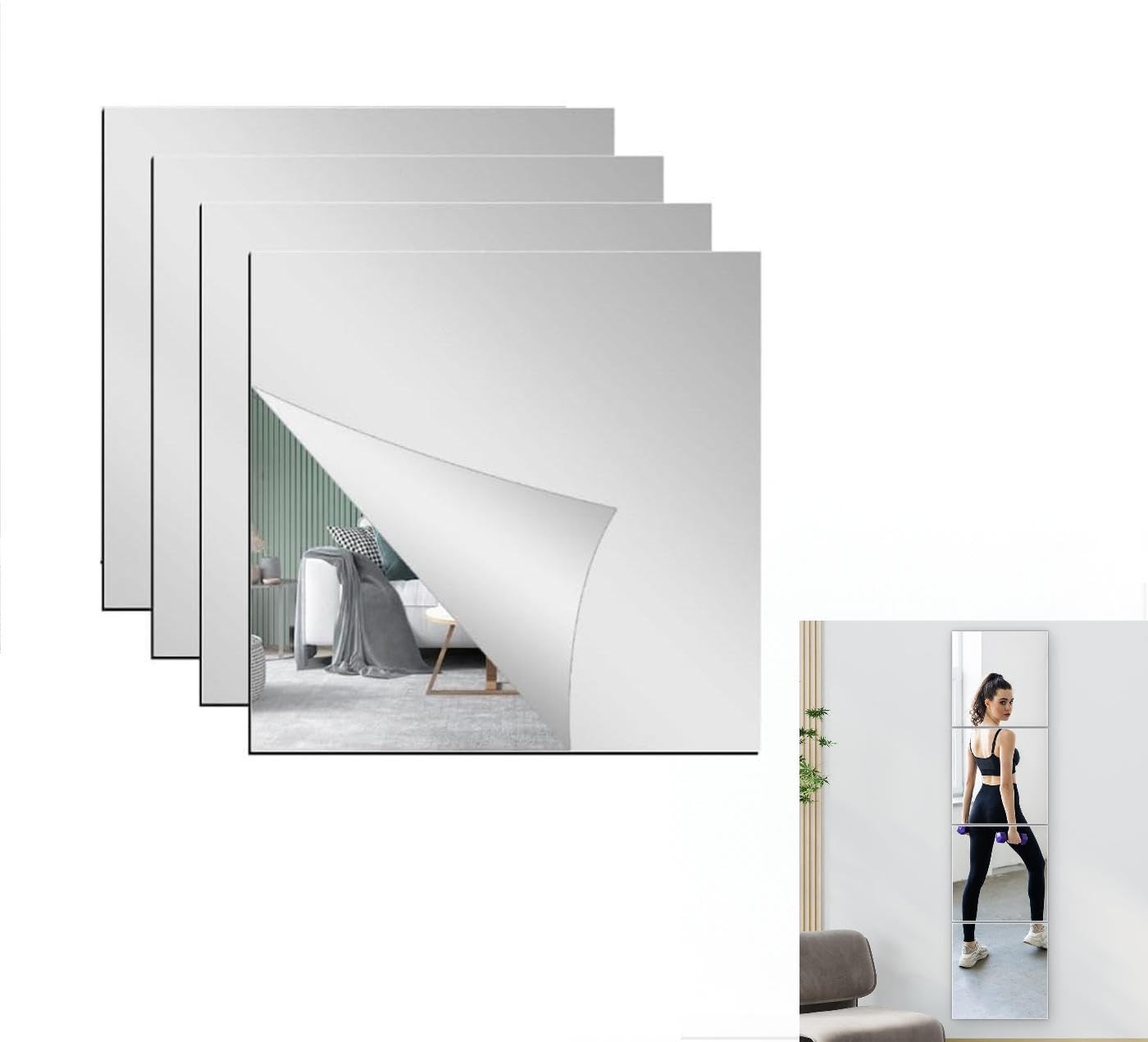 DWUENT Mirror Tiles, Self Adhesive Mirror, 4 Pack 20x20cm, Stick On Wall Mirrors,Plastic Mirrors Tiles Non-Glass for Bathroom, Bedroom, Door etc