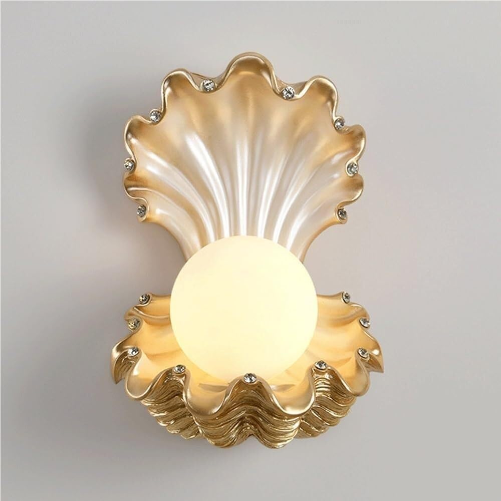 LYOUAE French Creative Seashell Wall Sconce Nordic Children's Room Resin Wall Lamp G9 LED Bedside Wall Mounted Lamp with Acrylic Globe for Bedroom Living Room Hallway(Yellow)