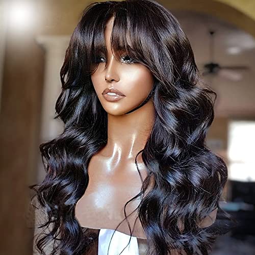 Human Hair Wigs with Bangs, Body Wave Brazilian Virgin Human Hair Wigs None Lace Front Wigs Human Hair 150% Density Glueless Silky Machine Made Wigs for Black Women Natural Color (18 Inch)