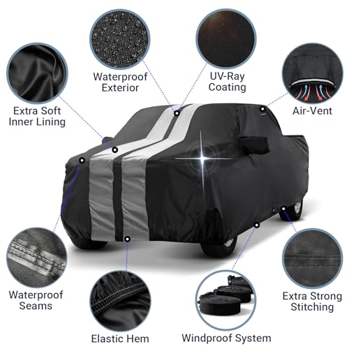 Image of iCarCover Premium Truck Cover for 2001-2019 GMC Sierra 2500HD Regular Cab 8.1 ft. Long Bed Heavy Duty Waterproof All Weather Custom Fit Full Exterior Snow Rain Protection Covers (Stripe - Black /Gray)