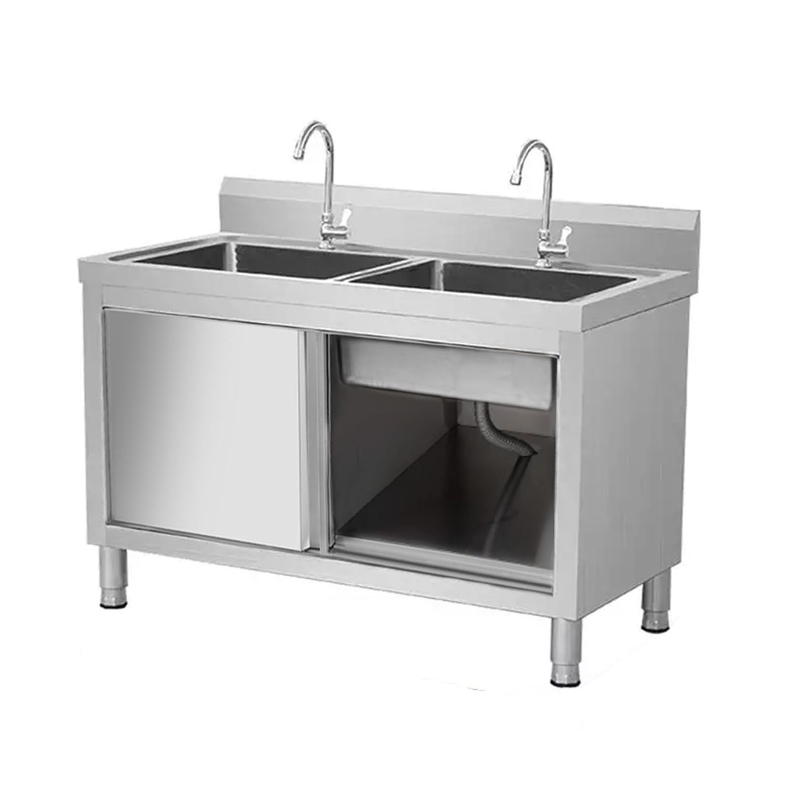 Fregadero de Cocina Comercial de Acero Inoxidable Fregadero Exterior Jardin 2 Seno Acero Inoxidable con 2 Puertas con Estantes de Almacenamiento Para Cocina Garaje Lavandería Exterior(100*60*80cm/39.3