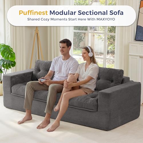 Image of MAXYOYO 63 inch Loveseat Sofa Couch for Small Spaces, Upholstered Boneless Cloud Couch for Apartment Bedroom, 2-Seater Love Seat Floor Modern Sofa with Pillows, No Assembly Required, Dark Grey