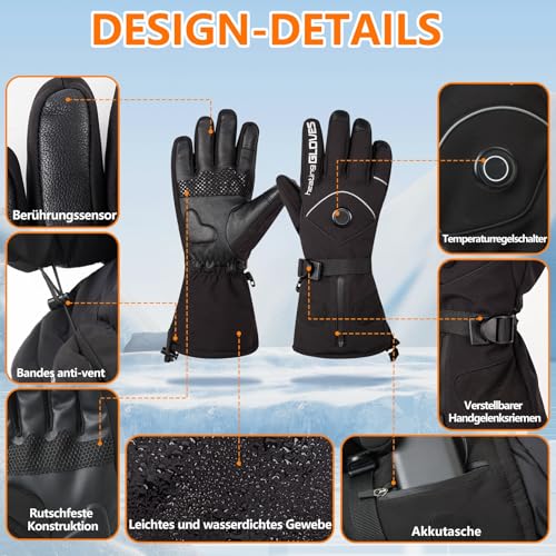 Mincoo Beheizbare Handschuhe Damen Herren mit 2 x 5V 6000mAh Akkus, 3 Stufige, Type-C Ladung, Wasserdicht, Touchscreen, fur Ski Wandern Radfahren (L)