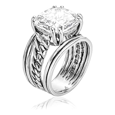 925 Sterling Silver Statement Ring with Cushion Shaped Cubic Zirconia - Curb Chain Vintage Design - Hypoallergenic Nickel & Lead-free - Artisan Handcrafted Designer Collection - White Cover