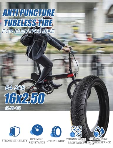16x2.50 Scooter Tubeless Tires | 16x2.5 64-305 Heavy Duty Tire for Electric Bike | 16 x 2.50 Heavy Duty Tubeless Tires Thickened Tires for ebike(2 Piece)