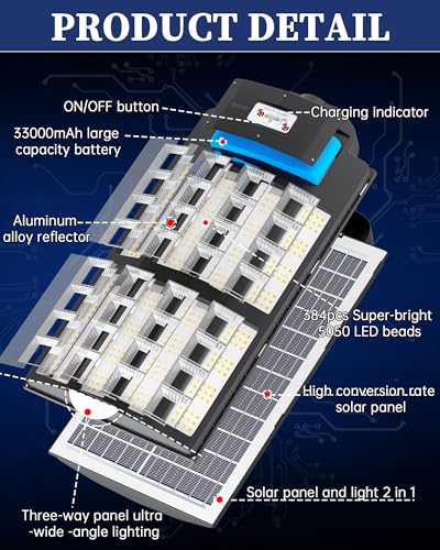 Image of Gefolly SL-5500W Solar Street Lights Outdoor, 550000LM Commercial Parking Lot Light, 6500K Dusk to Dawn IP67 Security Flood Lights Motion Sensor Led Lamp for Basketball Court, Road, Yard