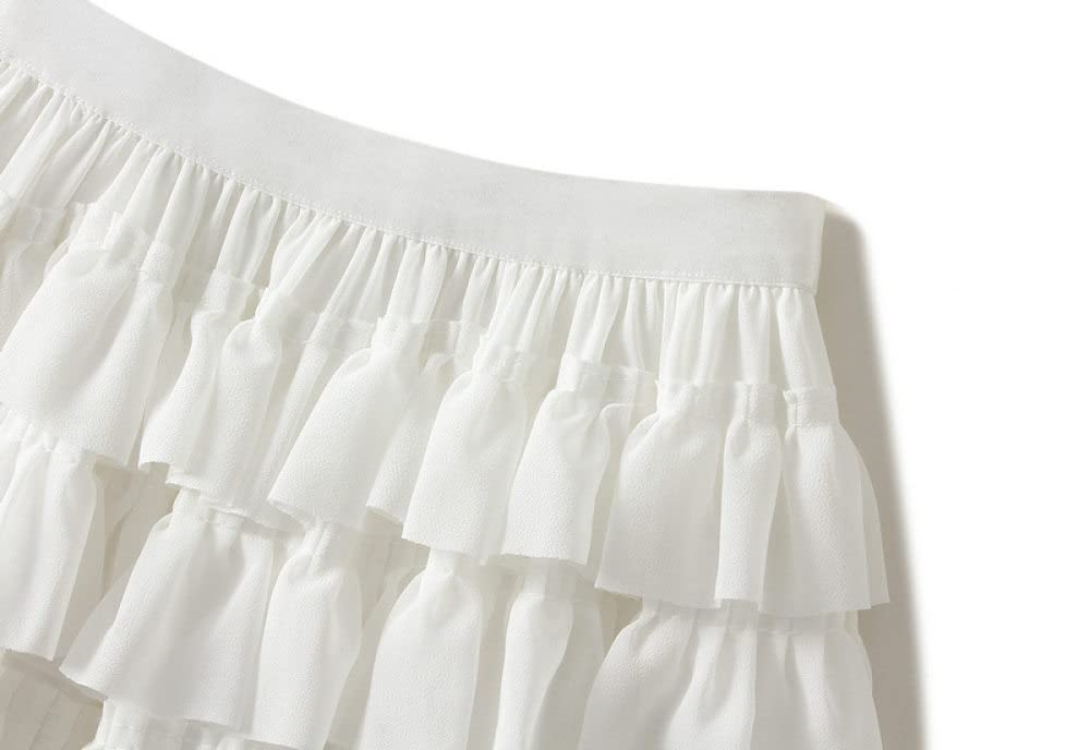 Gonne,Gonna Lunga da Donna Gonna A Pieghe in Chiffon Elastico A Vita Alta Bianca Semplice Dolce A-Line Gonne Lunghe con Volant A Strati Increspato per Ragazze Signore,L