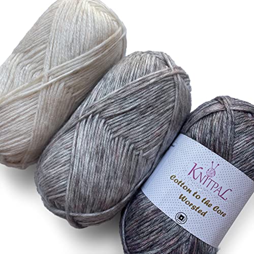 Cotton To The Core Worsted Weight, Multi-Color Assortment Craft Set, Tonal Heatherred Chainette Yarn For Knitting & Crochet, Bulk Size 3 Skeins, 654Yds/300G (Gray Linen) #TOP12