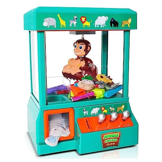 Bundaloo Claw Machine for Kids - Jungle Themed Miniature Candy Grabber with 3 Mini Plush Toys, 30 Reusable Tokens - Electronic Prize Dispenser Toy Party Game for Children