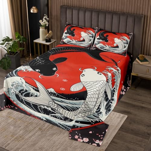 Erosebridal Japanese Ukiyoe Koi Fish Bedspread Set Twin,Ocean Surfing Quilt Set for Kids Boys Girls Gossip Koi Fish Cherry Blossom Coverlet Set Exotic Koi Animal Sakura Floral Bedding Set
