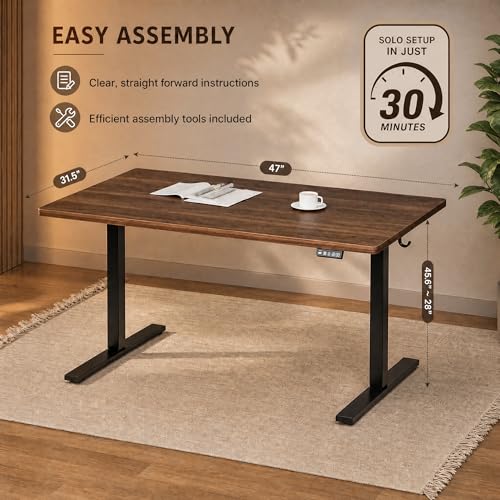 Image of Grandder 47x32 Large Electric Standing Desk, Height Adjustable Computer Desk with 2 Memory Presets, 31.5 inch Deep Desktop Sit Stand Desk Home Office Desk Workstation Table with Hooks, Walnut