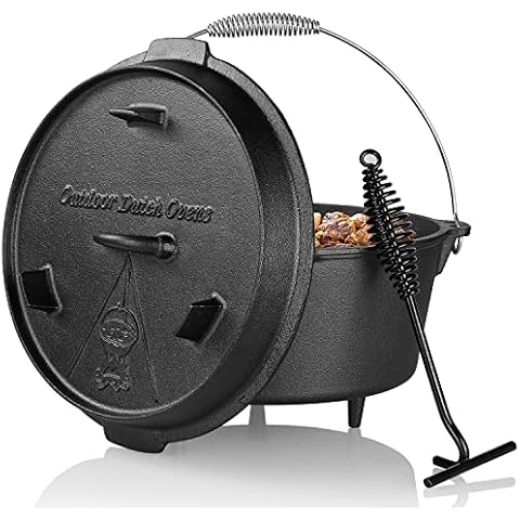 Dutch Oven Cast Iron Camping Pot, 5.6L Pot body + 2.4L Lid, Pre-Seasoned Cast Iron Pot, Dual Function Lid with Lid Lifter for Home Camping Outdoor Cover