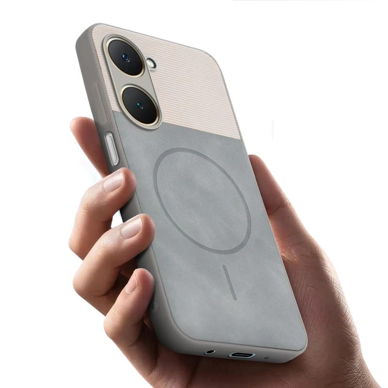 Image of Bintage case Dual-Leather Macc-Safe Design Phone Case| Soft Touch Finish | Full Camera Protectection Back Cover Compatible for Vivo V2407 / Y28e / Y28s / Y18e - White & Matelic Grey