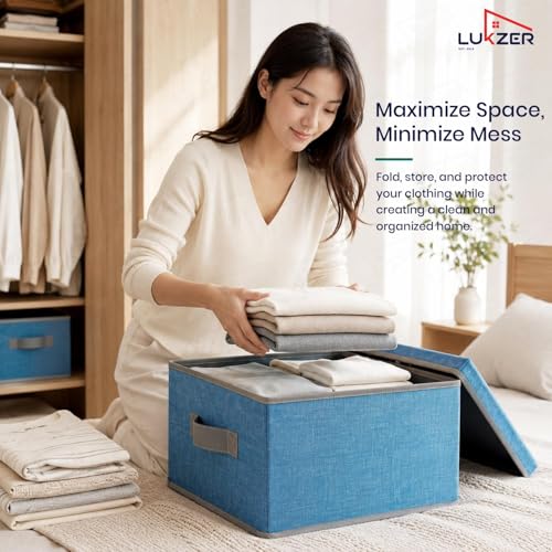 Image of Lukzer 3PC Blue & Grey Foldable Storage Box with Lid & Reinforced Handle | Fabric Wardrobe Clothes Organizer Basket Bin for Sarees, Blankets, Toys, Books & Closet /Almirah Storage (36 x 27 x 20 CM)