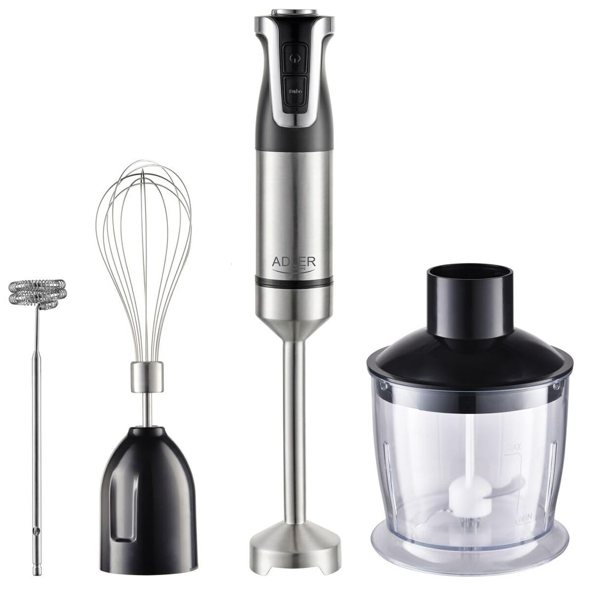 ADLER EUROPE Mixeur Plongeant AD 4627 – 1800 W de puissance, 20 vitesses avec fonction Turbo – 4 lames en acier inoxydable, hachoir 600 ml, verre doseur 700 ml, fouet, mousseur à lait