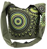 GURU SHOP Sac bohème brodé à bandoulière avec mandala, sac népal - Noir/turquoise - Pour homme/femme - Coton - 40 x 35 x 14 cm - Alternative - Sac à main en tissu, vert olive, Taille unique