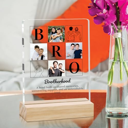 Image of Giftplease Customized Photo And Text Frame With Wooden Stand | Personalised Printed Photo Frame | Gift For Brother | Birthday | (Transparent, 5MM, 6 * 8 Inches), Tabletop BG 13