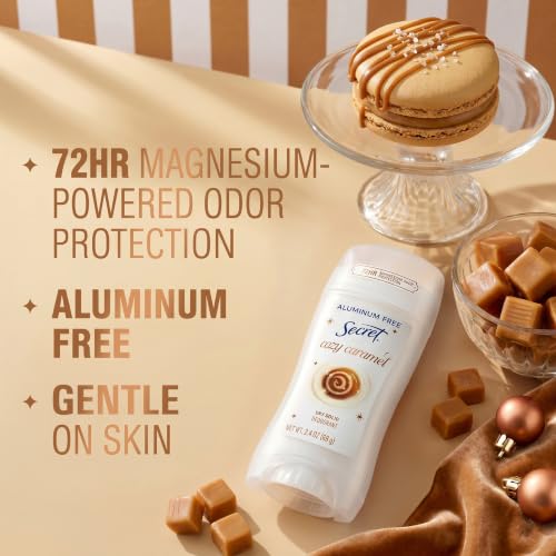 Image of Secret Aluminum Free Deodorant for Women, 72hr Magnesium Odor Protection with Pro-Hyaluronic Acid, PH Balancing Minerals, Holiday Dry Solid, Cozy Caramel Scent, 2.4 oz