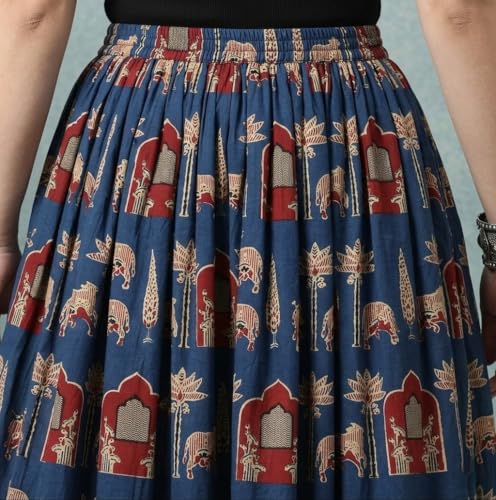 Image of Women's Floral Print Maxi Skirt, Maroon Red, 100% Pure Cotton, Elastic Waist, Full Length, Breathable Fabric