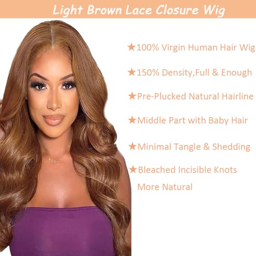Echthaar Perücke Body Wave Human Hair Wig Glueless Wear and Go 4X1 Lace Closure PerüCken Damen 100% Brasilianisches Bleached Knot Light Brown Color 8A Grade 12 Zoll – Bild 4