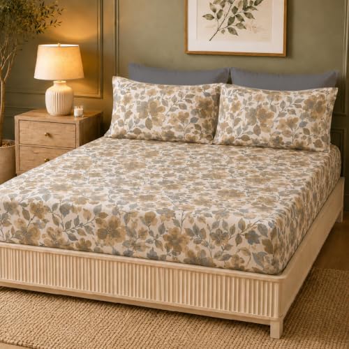 Image of LANE LINEN Symphony | 100% Cotton Sheet Set | Soft & Breathable Fabric | 3 Piece (1 Bedsheet + 2 Pillow Covers) | King Bed Sheet Set - Mustard and Grey Floral