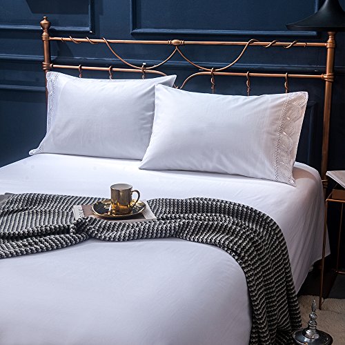 Merryfeel Cotton Bed Sheet Set,100% Cotton Sateen 300 Thread Count Embroidered Lace Sheet Set ,Deep Pocket ,4 Pieces,5-Star Hotel Collection- Queen White