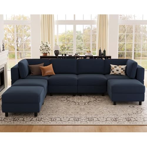 Belffin 114.2" U-Shaped Modular Sectional Sofa, 7-Seat Couch with Deep Seats and Movable Storage Ottoman, Plush Upholstered Living Room Furniture in B